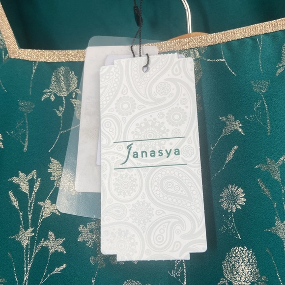 Janasya 2 Peice set teal green tunic & flare bell bottoms gold metallic florals - Picture 13 of 16